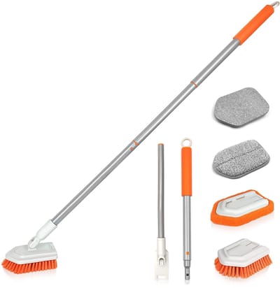 Unyqoos ® 4-in-1 Badkamer Reinigingsborstel met Verstelbare Lange Steel en Verschillende Borstelkoppen