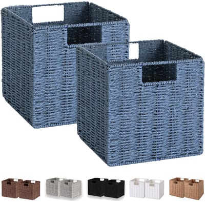 Rieten opbergmand, set van 2 handgeweven opbergmanden voor planken met handgrepen, opvouwbare kubus opbergmanden bakken organizer 27,5 cm grote rieten manden voor voorraadkast decoratie,