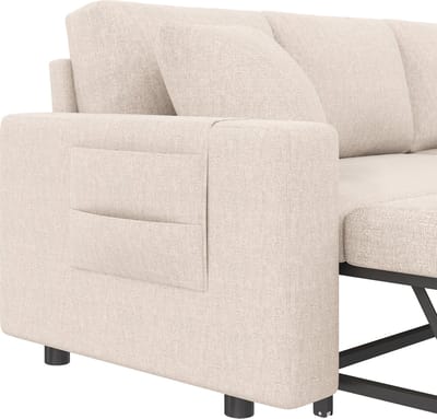 DESMIU Slaapbank 219,5 x 142,5 cm - L-Vormige Hoekbank Met Omkeerbare Chaiselongue En Opbergruimte - Voor Woonkamer - Linnen Beige