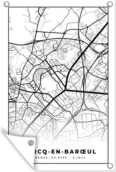 Muurdecoratie Kaart – Stadskaart – Marcq-en-Barœul - Frankrijk – Plattegrond - Zwart wit - 120x180 cm - Tuinposter - Tuindoek