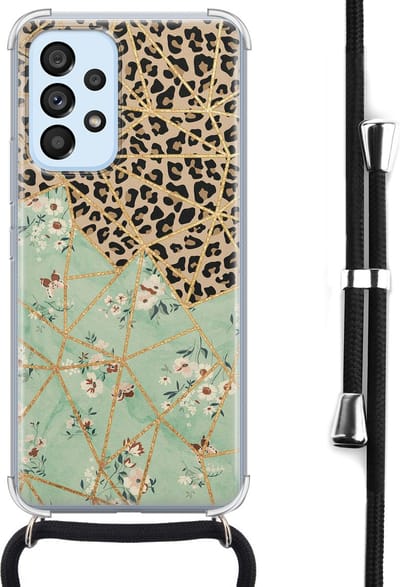 Hoesje met koord - Geschikt voor Samsung Galaxy A53 - Luipaard bloemen print - Verstelbaar zwart koord - Crossbody - Bloemen - Transparant, Multi - Leuke Telefoonhoesjes
