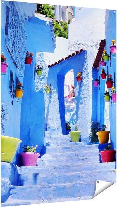 Gards Tuinposter Blauwe Huizen met Bloempotten in Chefchaouen, Marokko - 120x180 cm - Tuindoek - Tuindecoratie - Wanddecoratie buiten - Tuinschilderij
