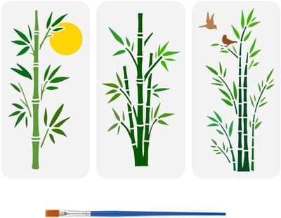 3 Stuks Bamboe Teken Sjabloon met Kwast 30x15cm - Maan en Vogels Schildertemplate voor DIY Decoratie op Hout, Stof en Meubels