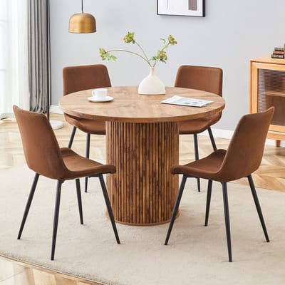 FloraGrace Ronde Eettafelset 100 cm met 4 Stoelen - Houtlook Tafel - Voor Eetkamer en Keuken - MDF, Stof, Metaal - Bruin Zwart