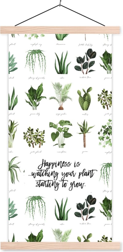 Posterhanger incl. Poster 60x120 cm - Schoolplaat - Quotes - Happiness is... watching your plant starting to grow - Spreuken - Kamerplanten - Textielposter - Blanke latten