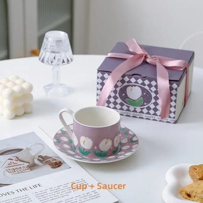 Tulpen Koffiekop en Schotel Set Franse Afternoon Tea Espressokop met Geschenkdoos Familie Restaurant Melkmok Vers Geschenk Waterkop 201-300ml gray