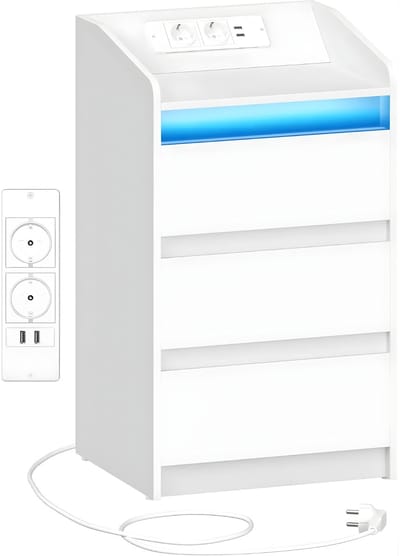 Nachtkastjes Set van 2 – Voor Slaapkamer – Bijzettafel met 3 Lades, Oplaadstation, 2 Stopcontacten en 2 USB-poorten, LED-Verlichting – Wit