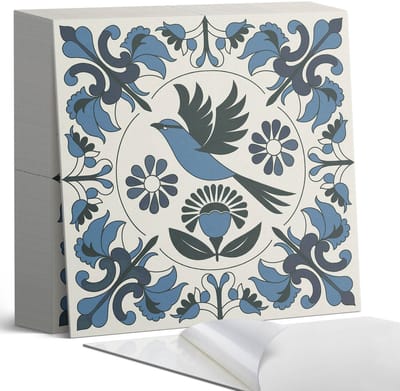 Coloray Plaktegels - Patroon met vogels en bloemen Zelfklevende Tegels - 20 cm x 20 cm - Blauw Plaktegels - 20 stuks - Vierkant PVC Tegels - Plaktegels Badkamer - Plaktegels Vloer - Vinyl Tegels Zelfklevend - Wandtegel Zelfklevend