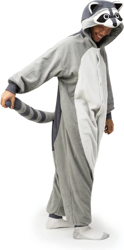 KIMU® Onesie Grijze Wasbeer Pak - Maat XS-S of 152-158 - Wasbeerpak Kostuum Grijs - Dierenpak Jumpsuit Pyjama Huispak Dames Heren Overall Fleece Festival