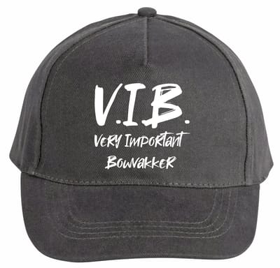Mijncadeautje - 5 panel - Cap - Verstelbaar - Pet van 100% dik geborsteld katoen- unisex - opdruk wit - V.I.B. Very important Bouwvakker - chique grijs