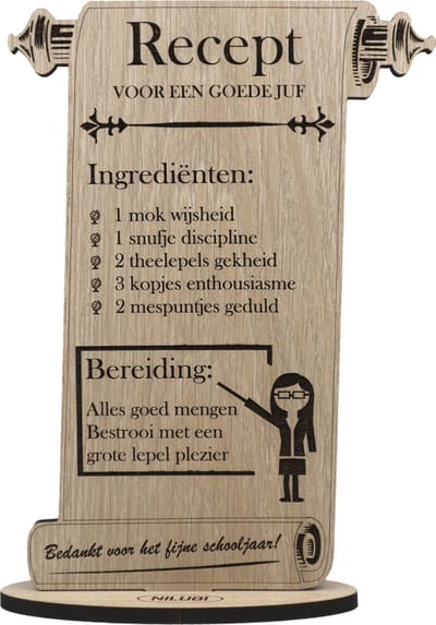 Grappig Juf Bedankt Cadeau | Geschenk om Lerares te Bedanken | Bedankje Juffrouw | Kaart van Hout | Einde Schooljaar Recept | 17.5 x 25 cm
