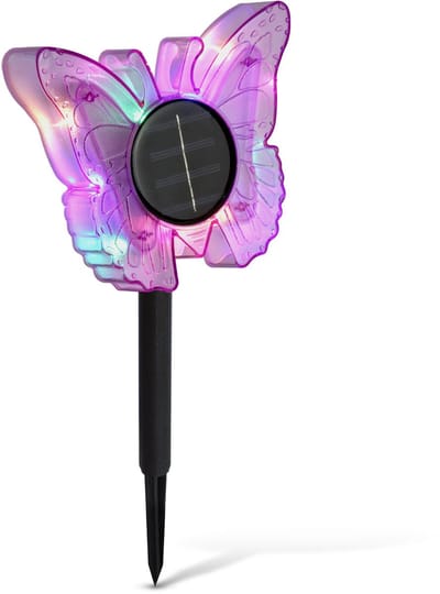 Solar Tuinlamp Vlinder Paars – LED Buitenlamp – Kleurveranderend & Warm Wit – Steeklamp – IP44 Waterbestendig – Tuin & Terras Decoratie - 1 Stuks [11749A]