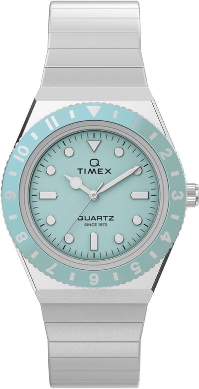 Timex Q Timex Mini Quartz Analoog Horloge Zilverkleurig En Blauw Kast Gemaakt Van 100% Roestvrij Staal En Een Armband Van 100% Roestvrij Staal 30 TW2Y57400AJ, TW2Y57500AJ, TW2Y77300AJ