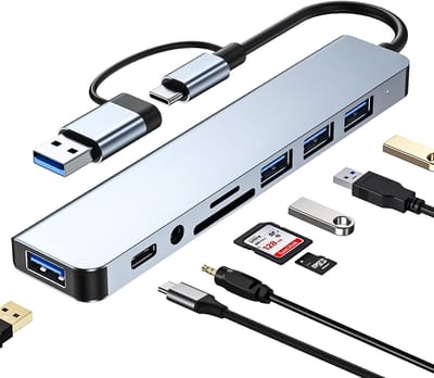 Ynkkvre - USB C Hub - USB Splitter - Docking Station - SD kaartlezer - Snelle Gegevensoverdracht Tot 5 Gbit/s En SD/TF Kaartlezer - 1 Stuk - Zilver
