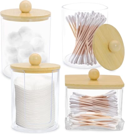 4-delige acryl wattenschijfjeshouder set met bamboe deksels - Organiseer je make-up en badkameraccessoires