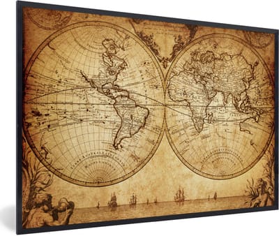 Poster in lijst - Fotolijst 90x60 cm - Posters - Wereldkaart - Antiek - Vintage - Kindje - Jongetje - Meisje - Posterlijst zwart - Decoratie - Wanddecoratie woonkamer - Muurdecoratie slaapkamer