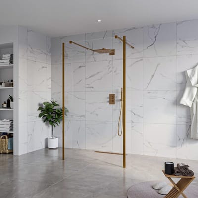 FugaFlow Eccelente Vetro Vrijstaande inloopdouche badkamer - 110x200cm - Helder - antikalk - 8mm veiligheidsglas - 2 zijwanden 30cm - met wandarmen en hoekprofielen - Koper geborsteld -
