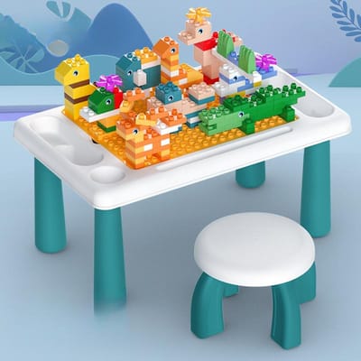 Kinderspeelblokkentafel Multifunctionele Baby Leertafel Speltafel en Stoel Grote Deeltjes Puzzel Vroegonderwijs 35*28*18cm