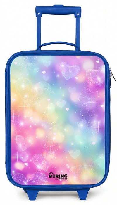 NoBoringSuitcases.com® - Kinderkoffer blauw - Kindertrolley jongen - Licht - Regenboog - Hartjes - Koffer kind lichtgewicht - Reiskoffer trolley voor kinderen - Koffertje met lichtgevende wieltjes - Rolkoffer