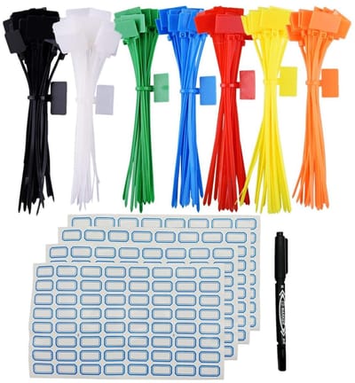 Dailygoods- Kabelritsbanden 250-delige set - Nylon - Kleurgecodeerd - Etiketstickers - Draadbeheer - Organisatie - 15cm x 3mm - Kabelbinders
