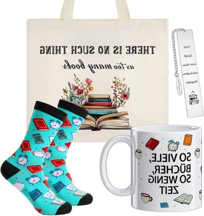 Cadeaus voor Boekenliefhebbers met Citaten, Inclusief Keramisch Mok, Canvas Tas, Sokken en RVS Boekenlegger - Grappige Geschenken voor Leraren, Verjaardag en Kerstmis