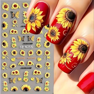 1 stuk Levendige Zonnebloem Nail Art Sticker - Stijlvol Rood & Geel Ontwerp met Gedetailleerde Patronen - Eenvoudig Aan te Brengen, Langdurige Manicure Decal yellow