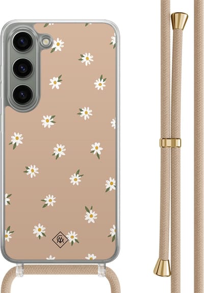 Casimoda® hoesje met beige koord - Geschikt voor Samsung S23 - Sweet Daisies - Afneembaar koord - TPU/polycarbonaat - Bruin/beige