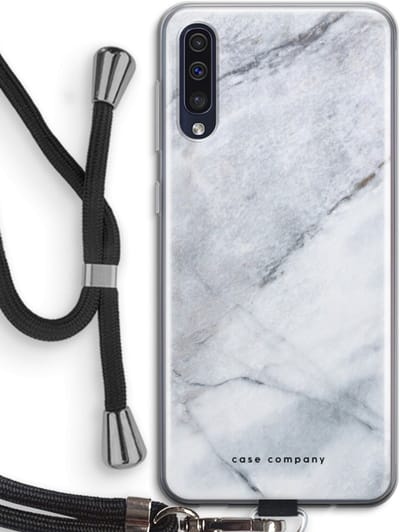 Hoesje met koord geschikt voor Samsung Galaxy A50 hoesje met Koord - Witte marmer - Telefoonhoesje met Zwart Koord - Bescherming aan alle Kanten en Over de Schermrand