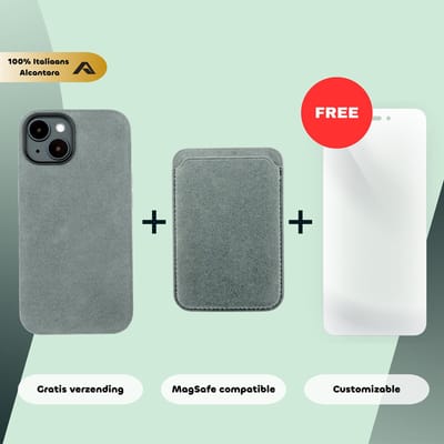 iPhone 14 – Alcantara Case + MagSafe Wallet + Gratis Screenprotector | Nardo Grey