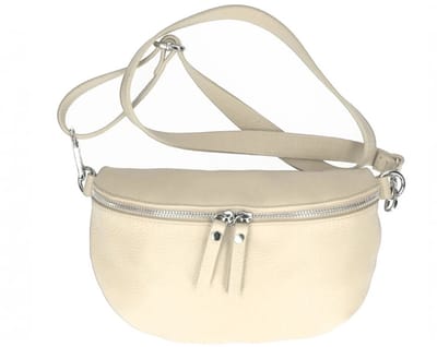 Beige Leren Heuptas - Dubbele Rits - Leren Crossbody Tassen - Zilver Beslag - Dames Tassen - Beige