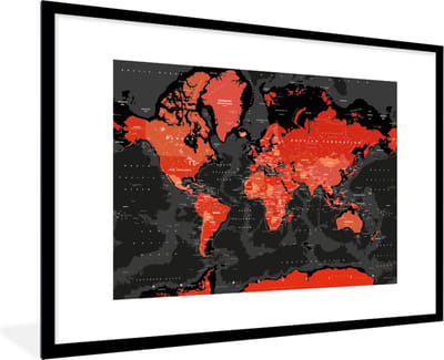 Poster in lijst - Fotolijst 90x60 cm - Posters - Wereldkaart - Rood - Zwart - Kind - Jongetjes - Meid - Posterlijst zwart - Decoratie - Wanddecoratie woonkamer - Muurdecoratie slaapkamer