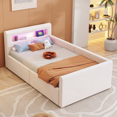 Pugsdrly Gestoffeerd kinderbed 90*200 cm, met ledverlichting, nachtlampje en USB-poort, plank, hydraulische opbergruimte, eenpersoonsbed, bedden voor jongens en meisjes, fluweelstof, beige