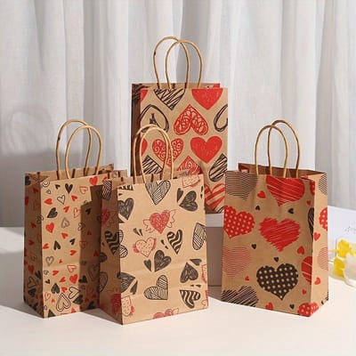 12 sacs cadeaux en papier pour la Saint-Valentin, sacs cadeaux en papier kraft à motifs d'amour, emballage cadeau pour fête de la Saint-Valentin, 15x8x21 cm 12pcs