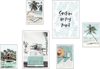 Set van 6 Houten Wanddecoratie - Moderne Strand & Natuur Schilderijen voor Woonkamer of Slaapkamer
