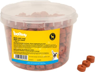 Boomy - Rolls met Rund – Zachte hondensnacks voor training of tussendoor – Hondensnoepjes in hersluitbare emmer - Kauwrolletjes - 1,8kg
