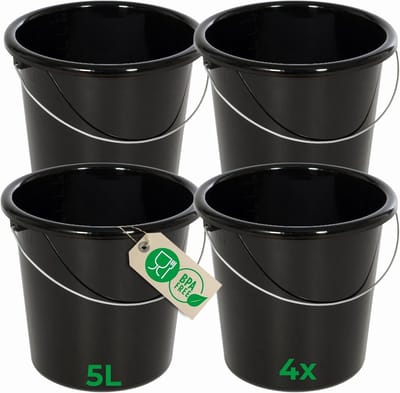 Novaliv 4 stuks emmer 5L zwart met maatverdeling - schoonmaak emmer 5 liter? 22,5 cm Praktische alleskunner met schaalverdeling voor huishouden & tuin ideaal als huishoudemmer, wateremmer, dweilemmer, emmer