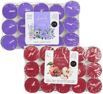 Acorde theelichtjes - 60x - 30x lavendel - 30x appel/kaneel - aroma/geurkaarsen