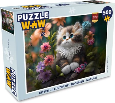 Puzzel Kitten - Illustratie - Bloemen - Natuur - Kat - Legpuzzel - Puzzel 500 stukjes