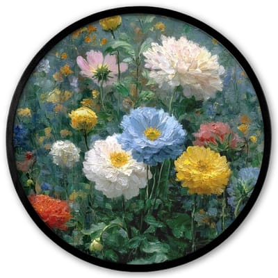Poster in lijst Rond - Fotolijst 40x40 cm - Posters - Close-up - Veld - Bloemen - Kleurrijk - Ronde posterlijst zwart - Decoratie - Wanddecoratie woonkamer - Muurdecoratie slaapkamer