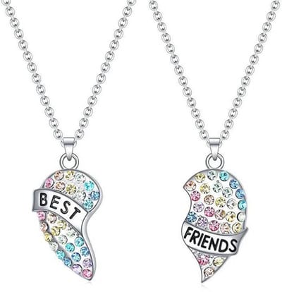 Bixorp Friends BFF Ketting voor 2 met Regenboog Hartje - Zilverkleurig - "Best Friends" - Vriendschapsketting
