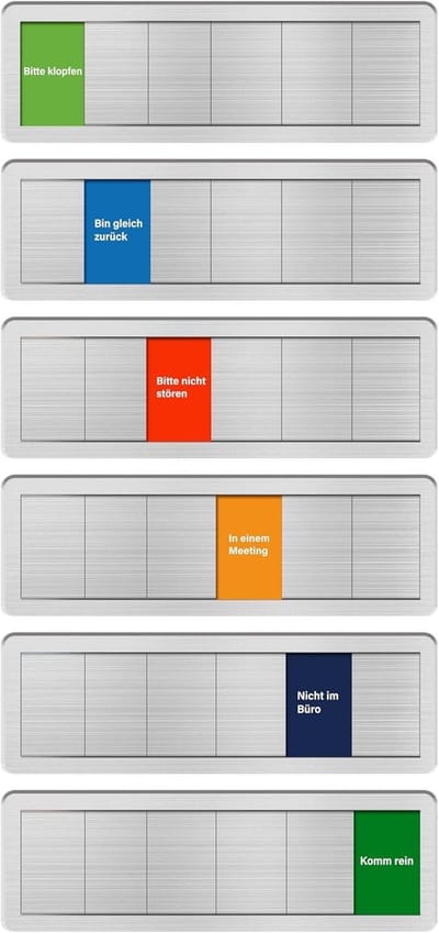 Kantoor Deurbordje - Schuifbordje Status - Communicatie Verbeteren - Zes Statusopties - 25 x 8.2 cm - Geborsteld Zilver