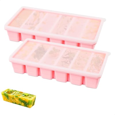 Cubes, 2 stuks, 100 ml, 6 vakken, siliconen vriesvorm met deksel, stapelbare invriezer container voor vriezer, vriezer containers voor soep, ijsblokjes, bouillon, saus (roze)