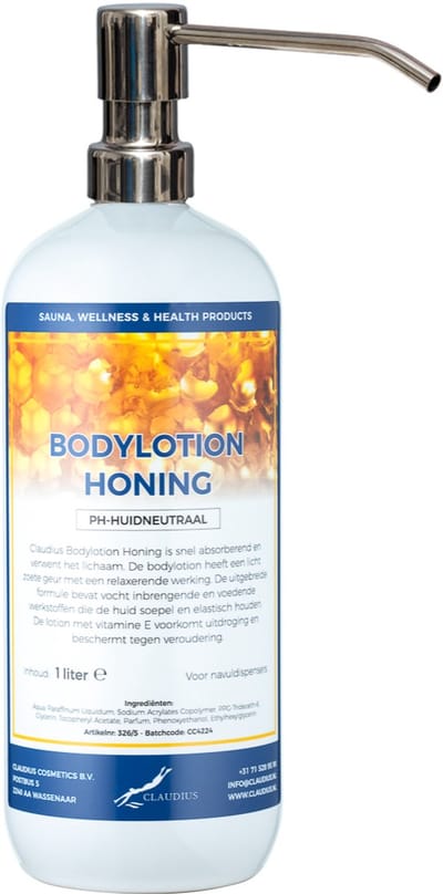 Bodylotion Honing 1 Liter met luxe RVS zilverkleurige pomp - stijlvolle en duurzame uitstraling