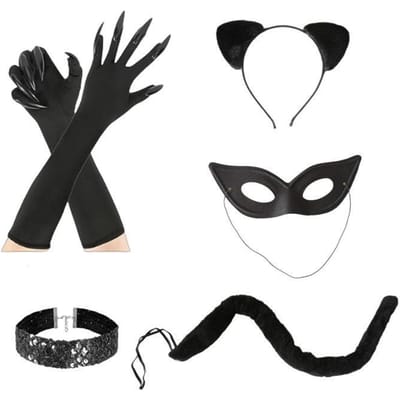 Halloween Sexy Kattenmeisje Cosplay Kostuum Set Dames Dame Katten Maskers Staart Handschoenen Kostuum Accessoires Carnaval Feest Verkleedkostuum black