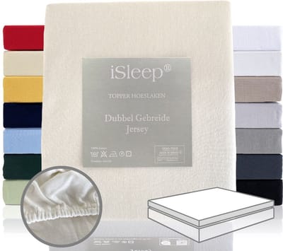 iSleep Dubbel Gebreide Jersey Topper Hoeslaken - Rondom Elastiek - Eenpersoons - 90x200/210/220 cm - Licht Beige