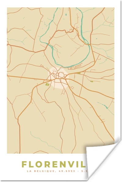 Poster Stadskaart - Florenville - Vintage - Kaart - Plattegrond - 120x180 cm XXL