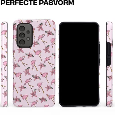 Casetastic hoesje geschikt voor Samsung Galaxy A53 (2022) 5G - Dubbellaagse bescherming - Tropisch Roze Flamigo Bloemen Paradijs - Fashion Case - Lichtgrijs Wit Lichtroze