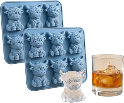 Mini-ijsblokvormen Highland-koe – IJsblokbakjes Highland-koe – Schattige 3D-siliconenvormen – Siliconenvormen in diervorm voor het maken van chocolaatjes, snoepjes, gelei en zelfgemaakte desserts – Set van 2 – Blauw