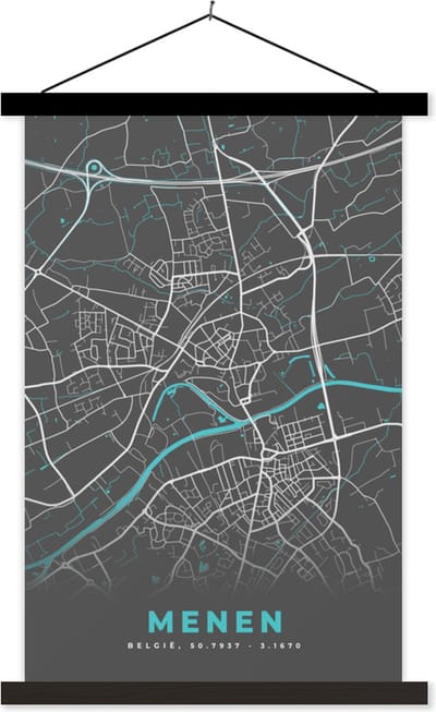 Posterhanger incl. Poster 40x60 cm - Schoolplaat - België – Menen – Stadskaart – Kaart – Blauw – Plattegrond - Textielposter - Zwarte latten - Stadskaart