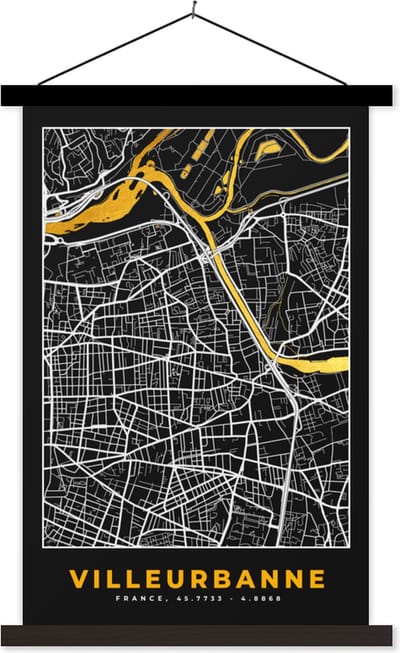 Posterhanger incl. Poster 40x60 cm - Schoolplaat - Kaart – Stadskaart – Frankrijk – Villeurbanne - Plattegrond - Textielposter - Zwarte latten - Stadskaart